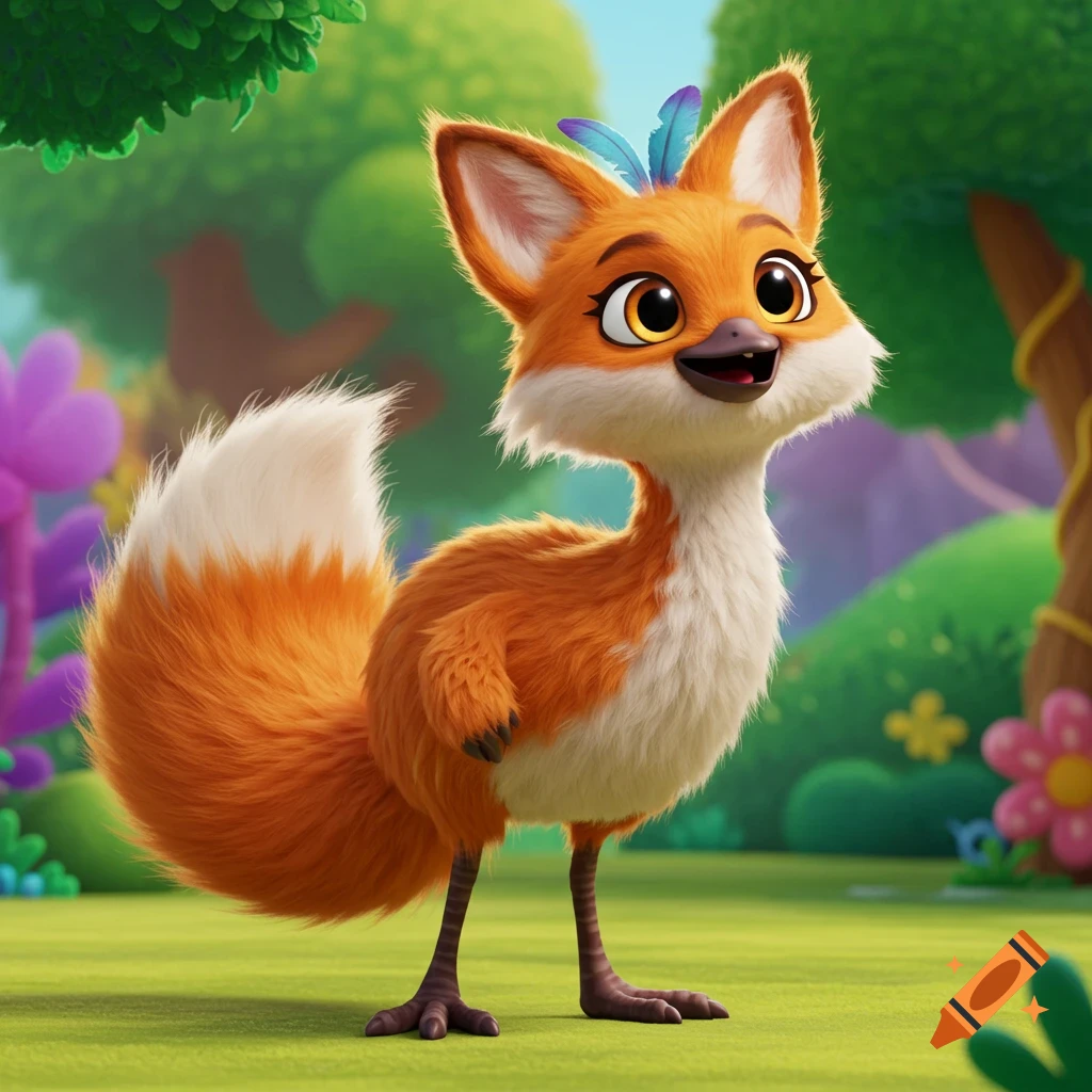 A cartoon fox-emu creature stands in a forest clearing.