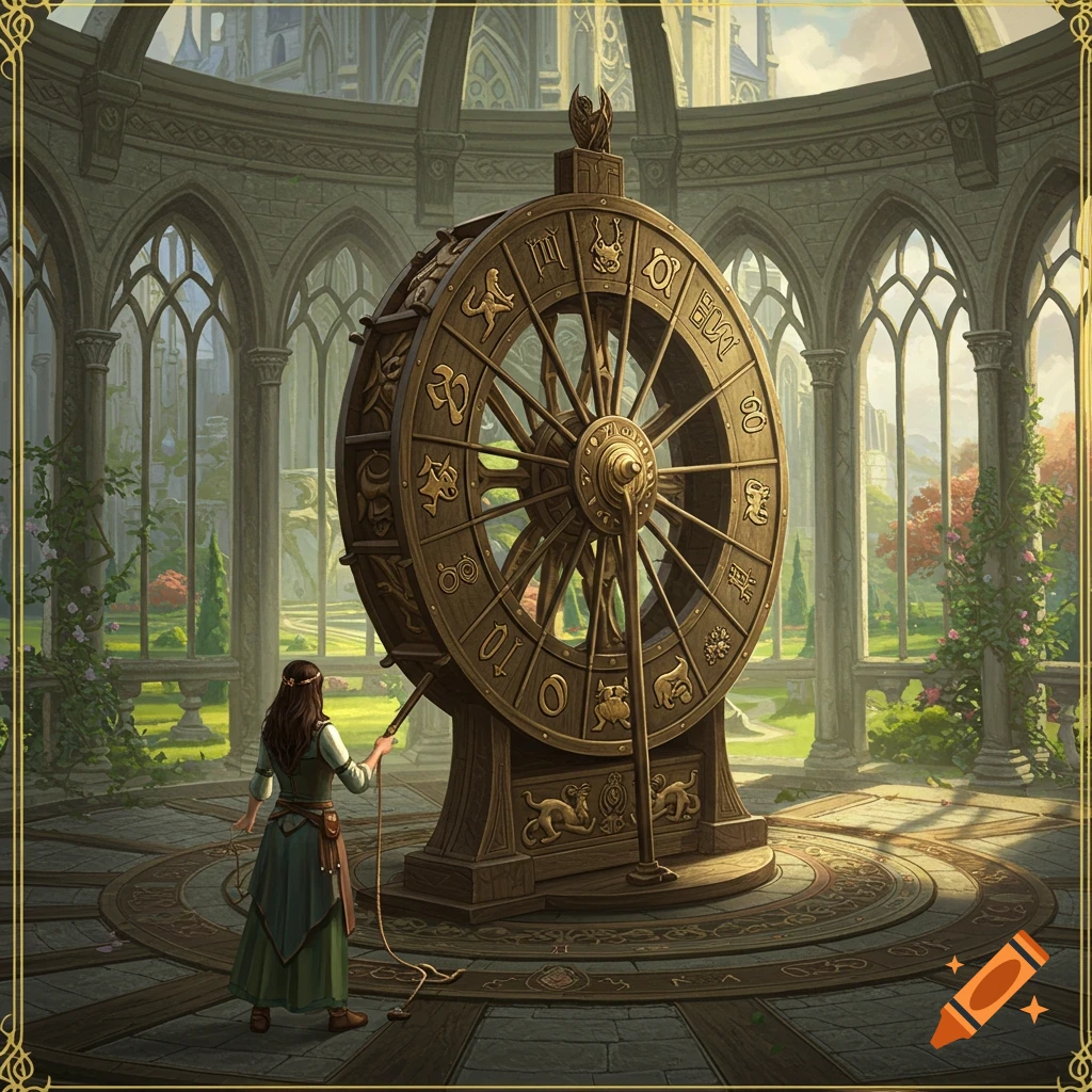 Woman turns large wooden wheel with symbols in fantasy cathedral setting.