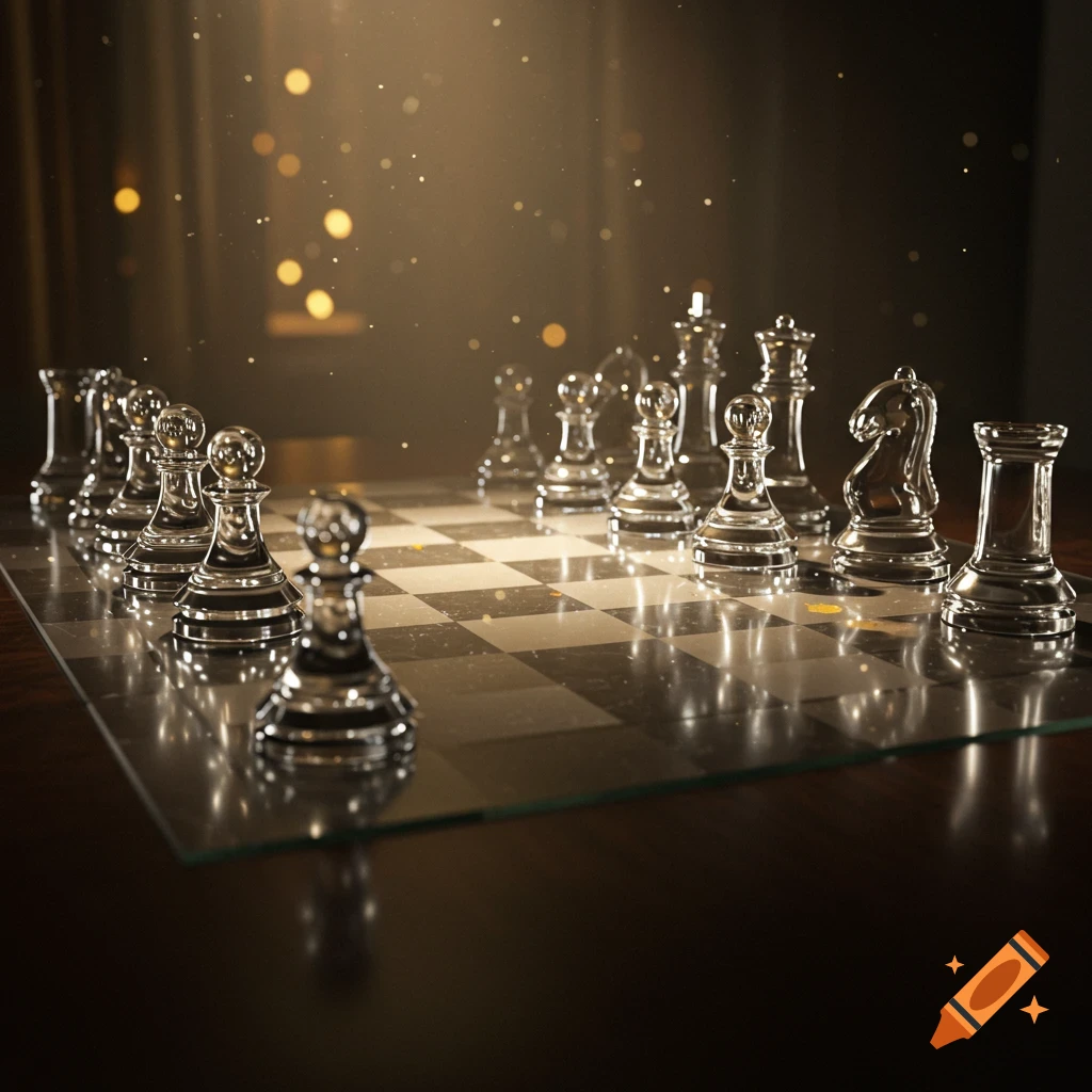 A glass chess set is arranged on a board with dramatic lighting and bokeh effects.