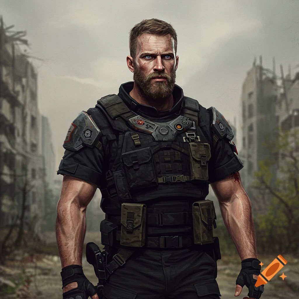 Muscular man in black tactical gear in a ruined city.