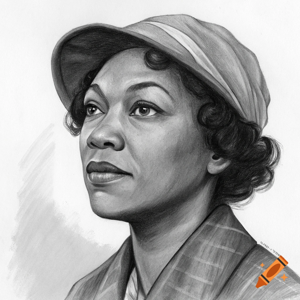 Charcoal portrait of Zora Neale Hurston in a hat and jacket, looking up.