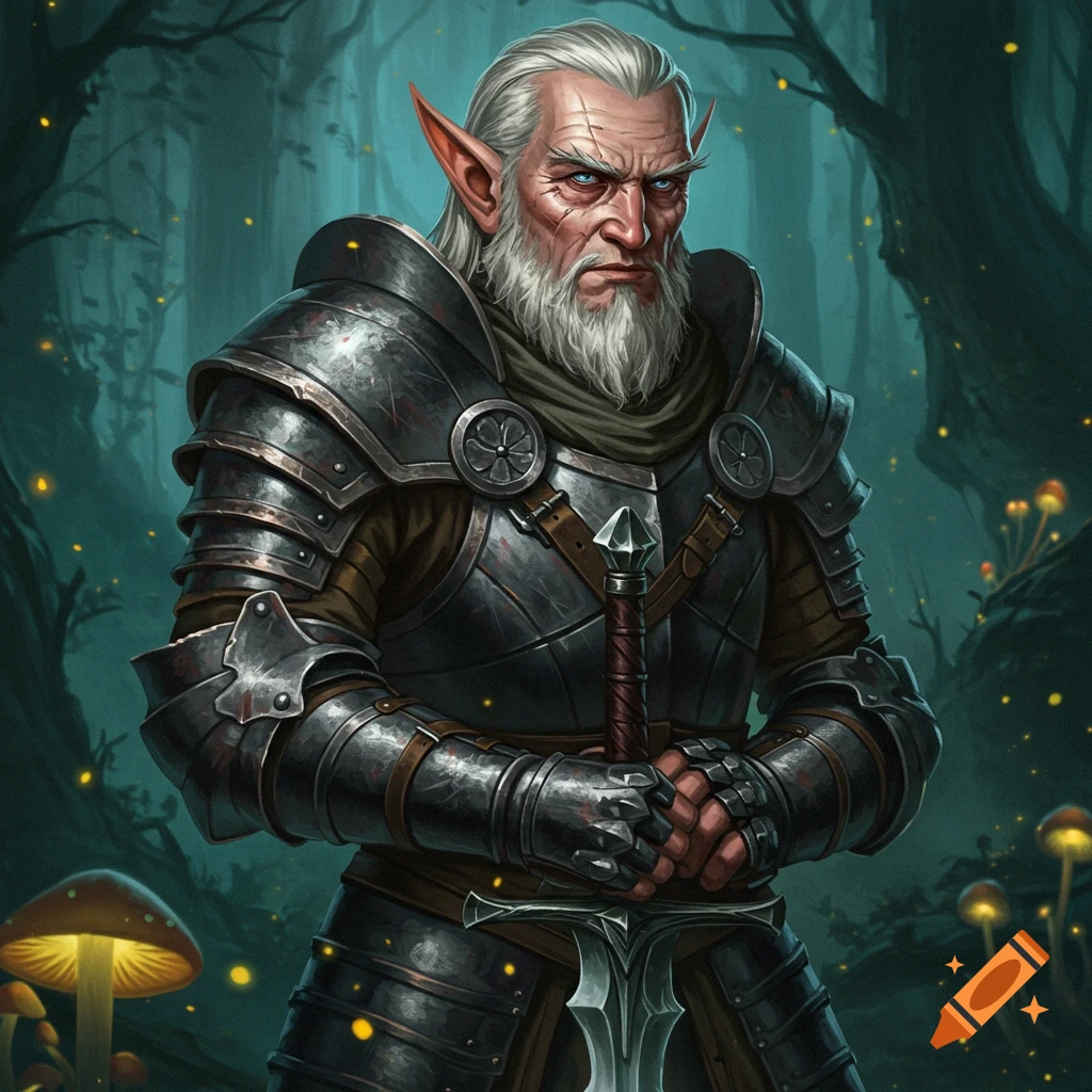 A fantasy illustration of an old elf warrior in dark armor standing in a forest.