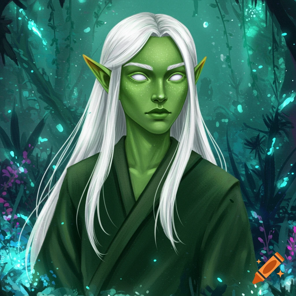 An illustration of a green-skinned elf with long white hair and white eyes, wearing a dark green robe, standing in a vibrant green forest.