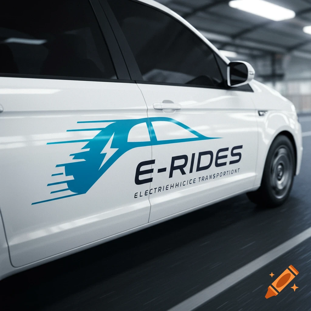 A white car with a blue and black 'E-RIDES' logo on the side, showing motion.
