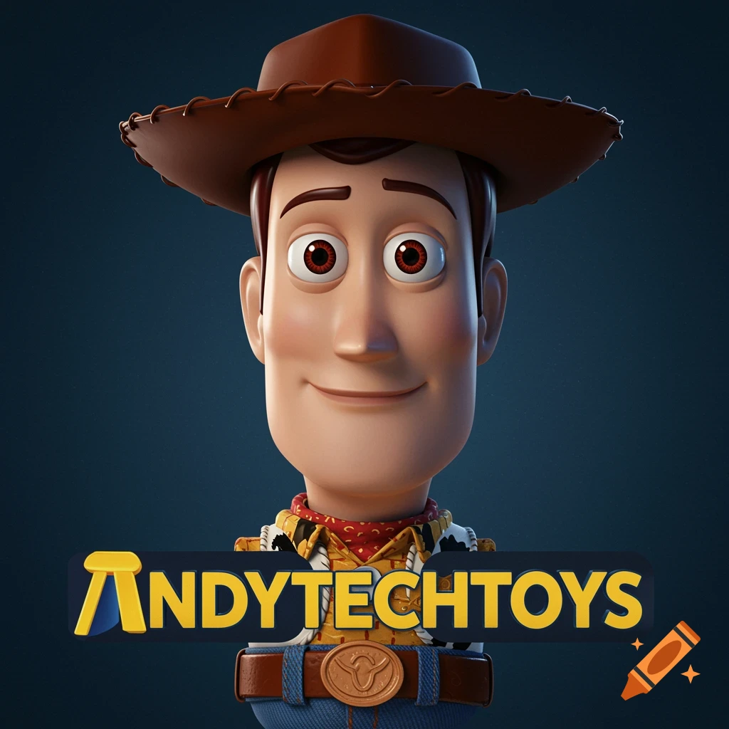3D render bust of Woody from Toy Story with 'ANDYTECHTOYS' text