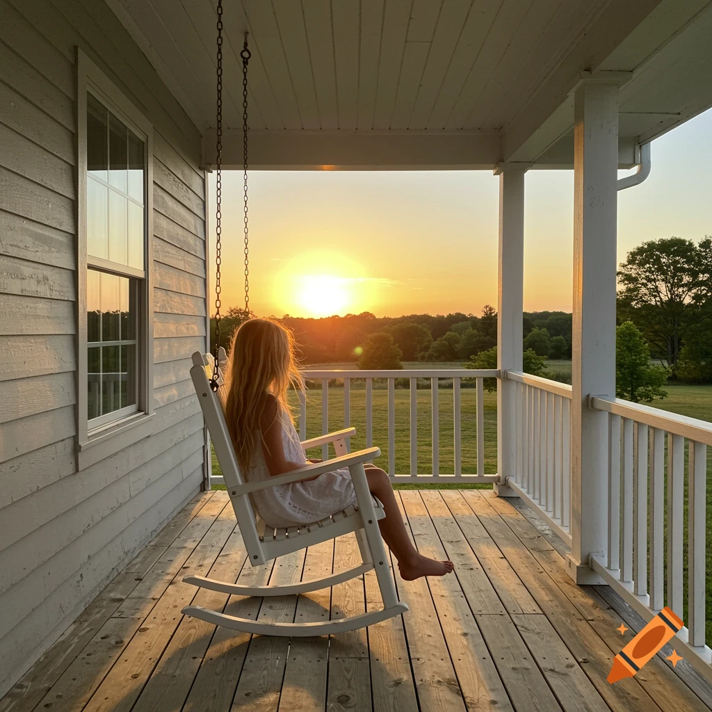 Girl sitting in a rocking chair on a porch at sunset, looking at a landscape.
