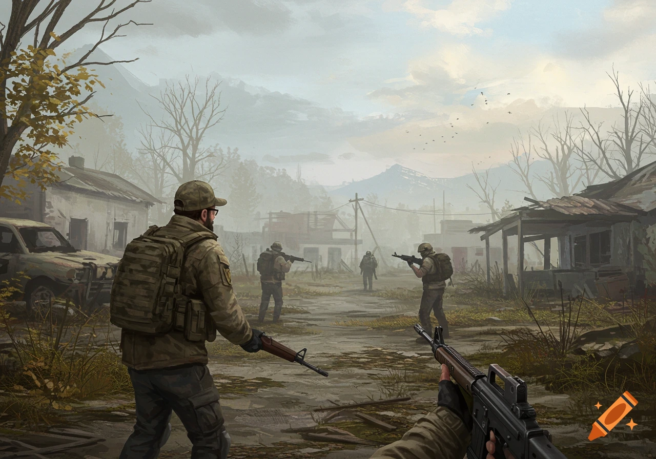 Digital illustration of soldiers in a ruined village, viewed from first person with a rifle.