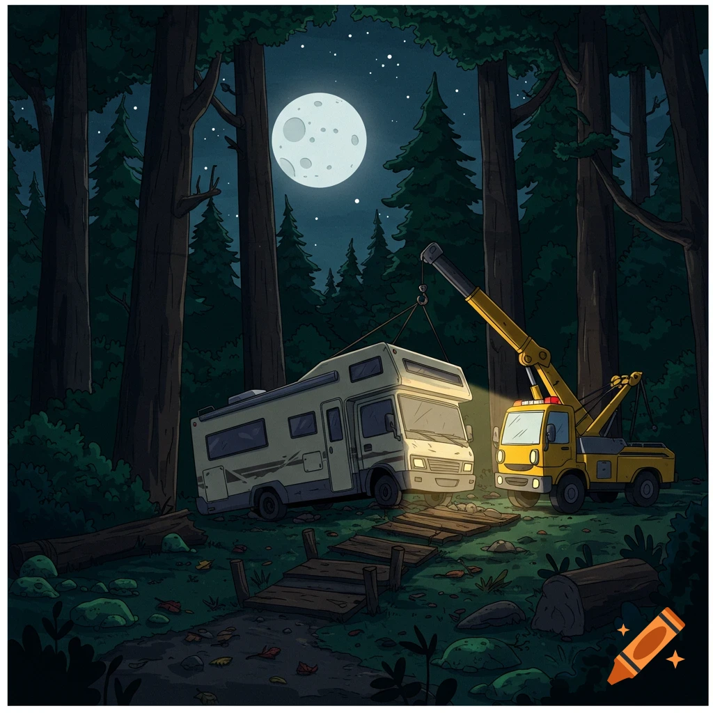 Cartoon tow truck lifts a broken down RV in a dark forest at night under a full moon.