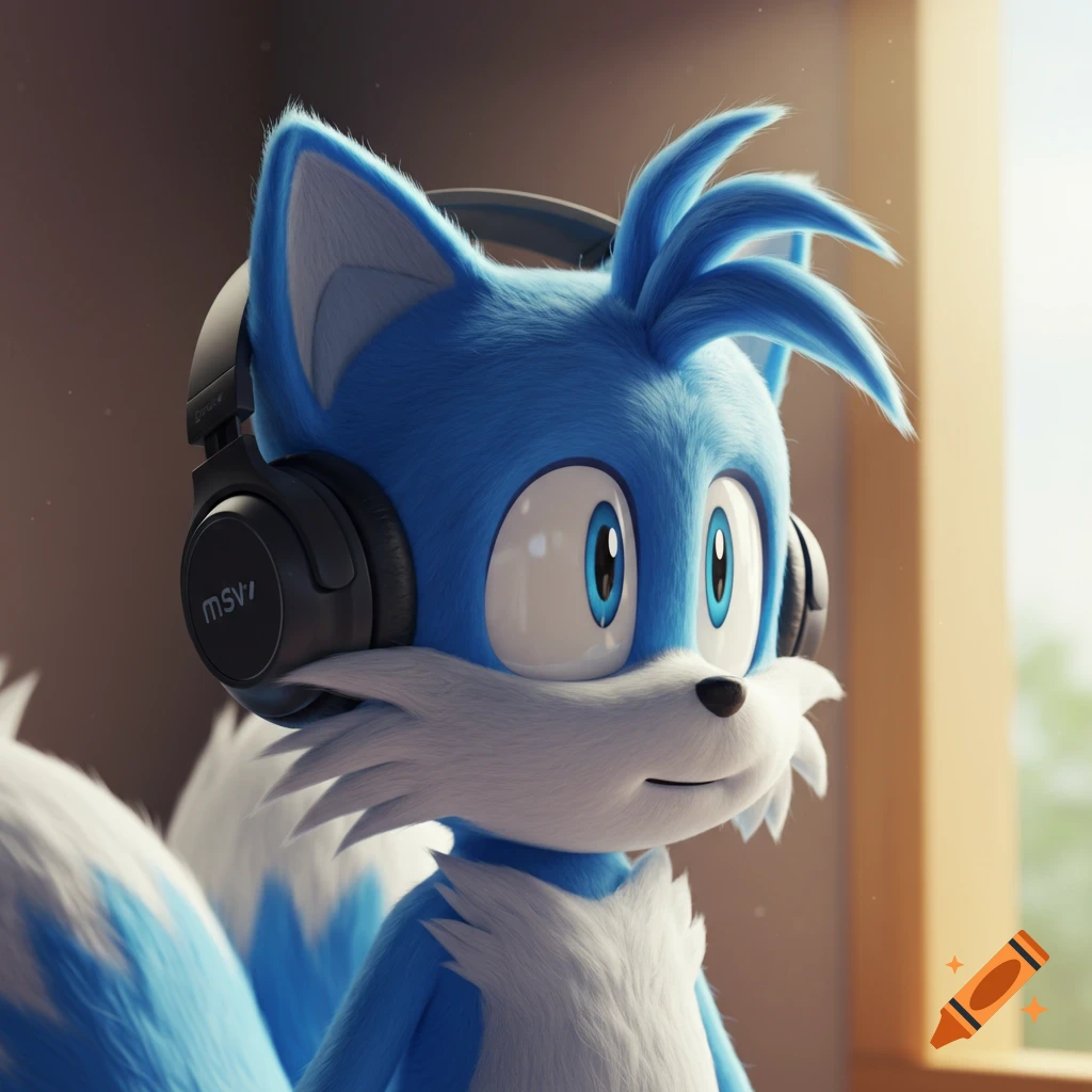 Close-up of a detailed blue and white fox character wearing headphones