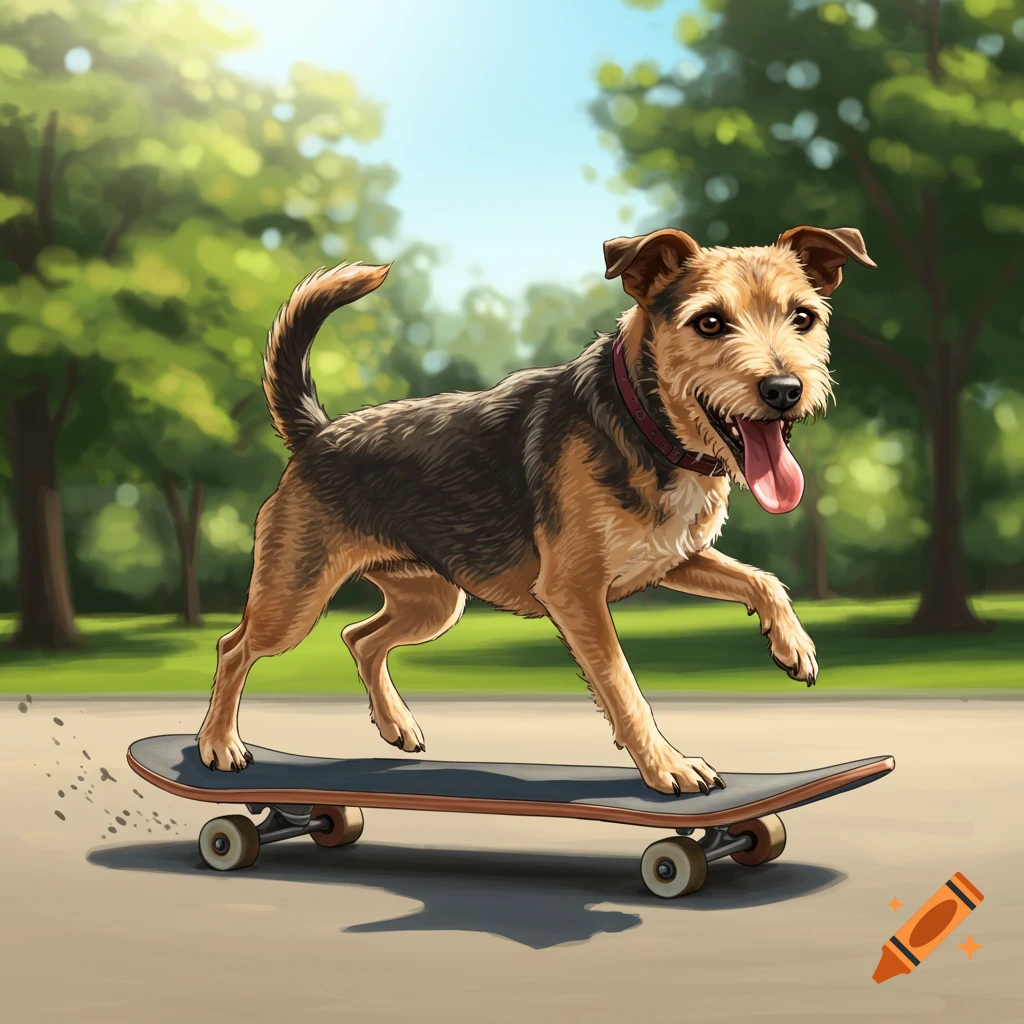 A dog on a skateboard in a park.