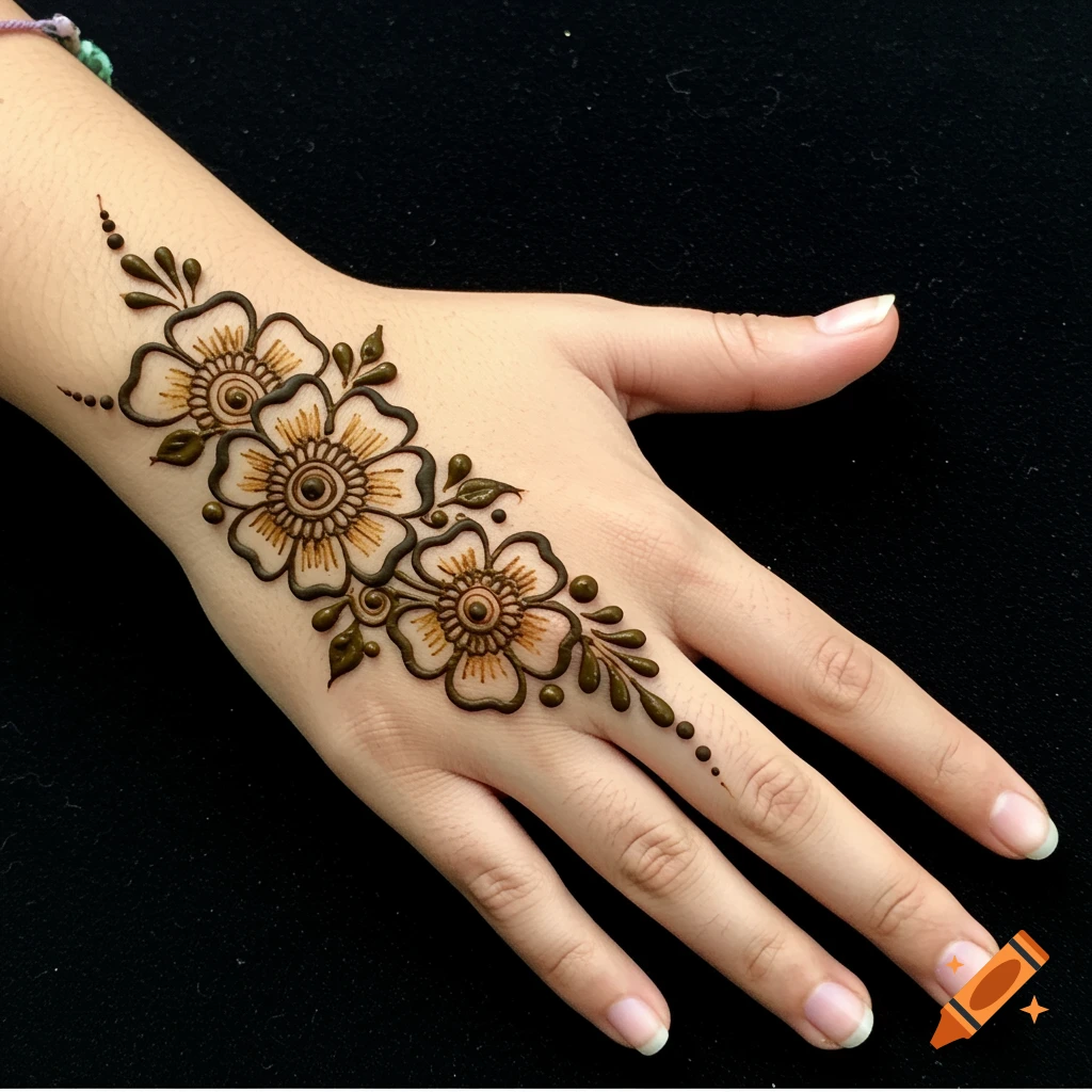 Floral henna design on the back of a hand