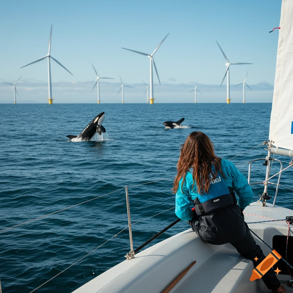 A woman on a sailboat looks at breaching orcas with an offshore wind farm in the distance. Photorealistic style.