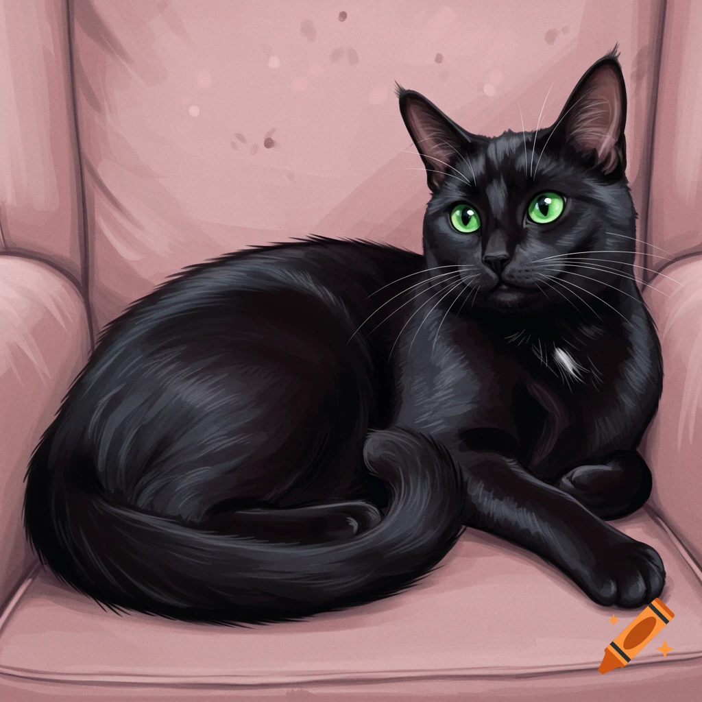 Illustration of a black cat with green eyes lounging on a pink armchair.