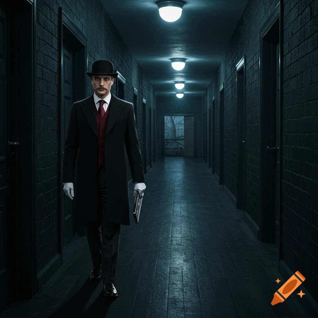 A man in a suit and bowler hat walks down a long, dark hallway.