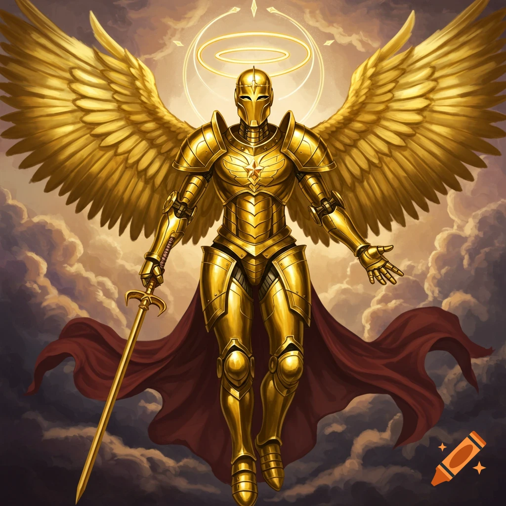 A golden armored robot with large wings and a halo, holding a sword, stands in the clouds.