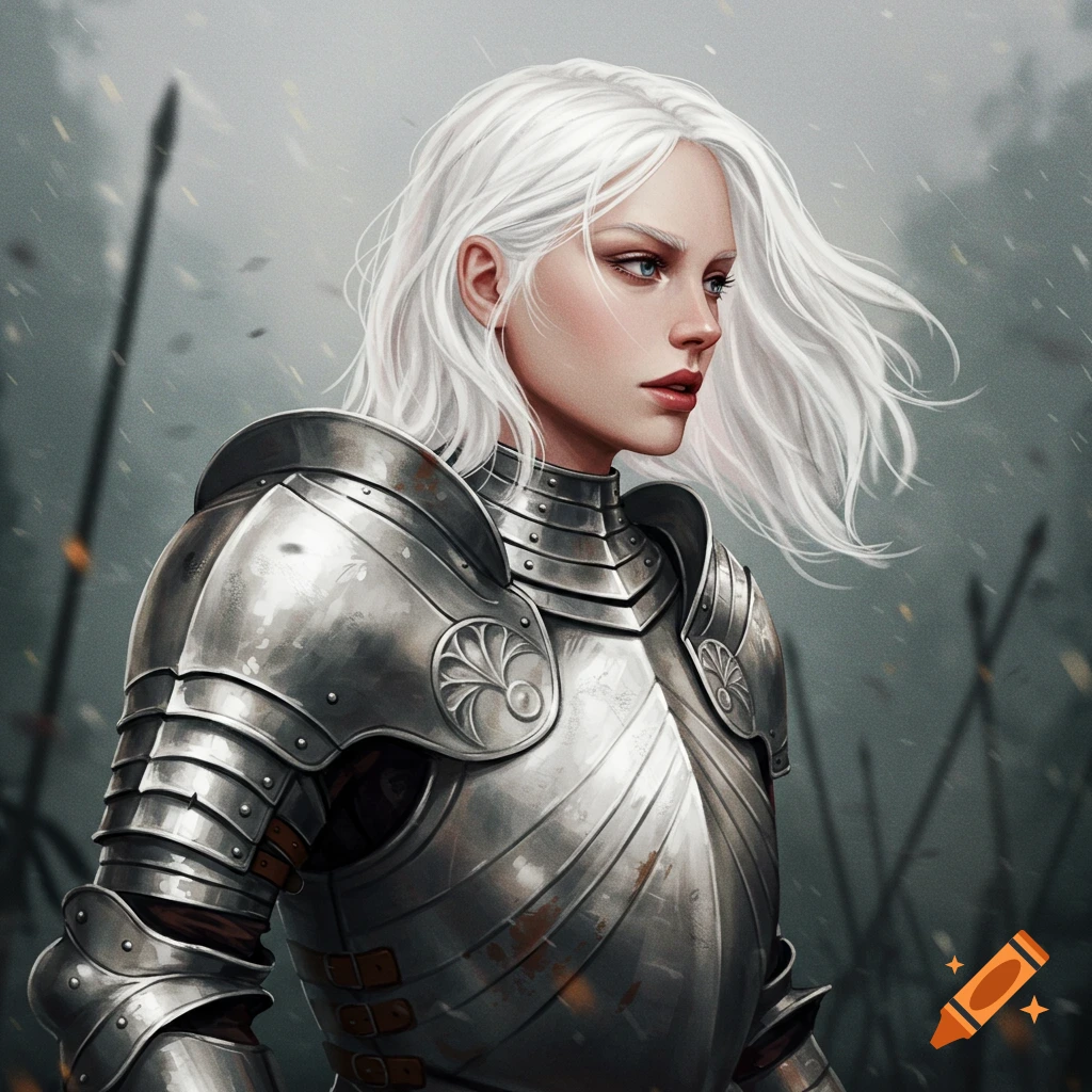 A woman with white hair in detailed plate armor looks into the distance in a misty, possibly battlefield setting.