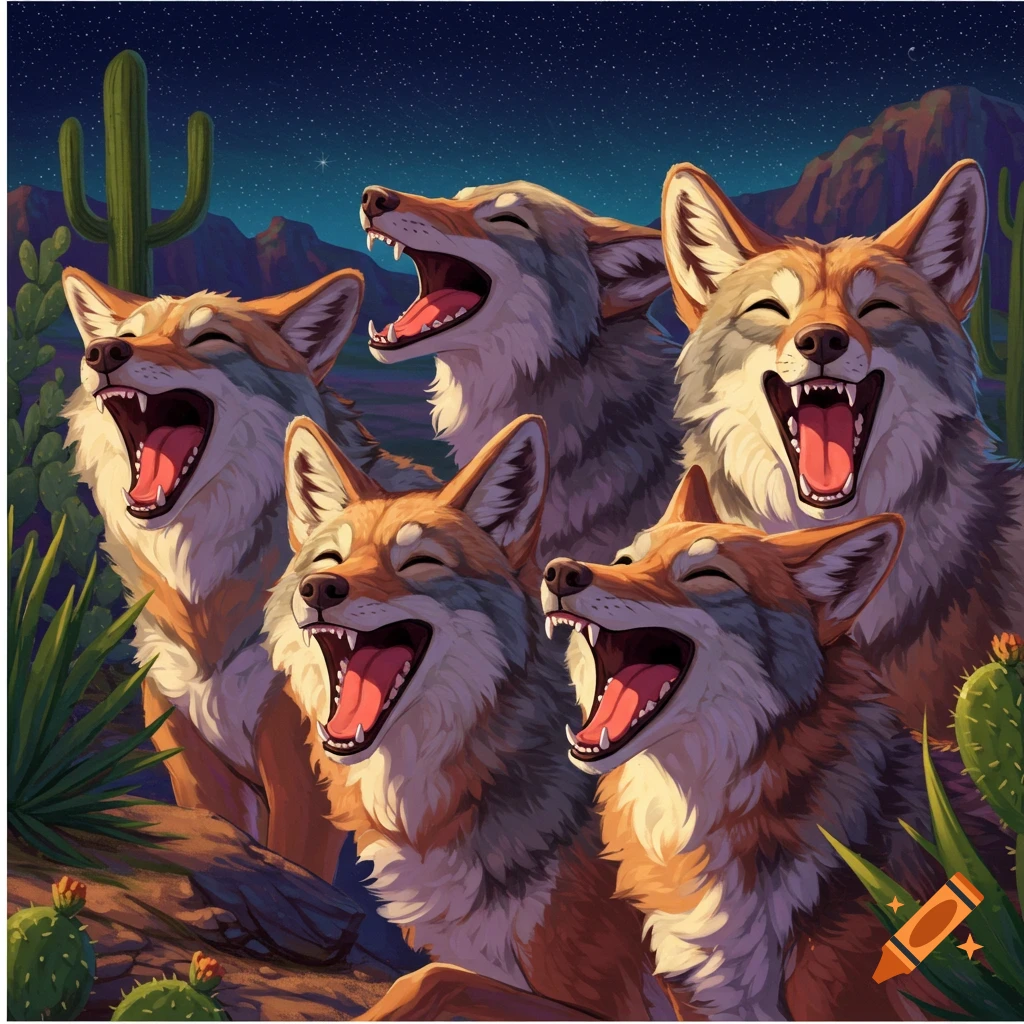 Five stylized coyotes laughing with open mouths in a desert landscape under a starry night sky.