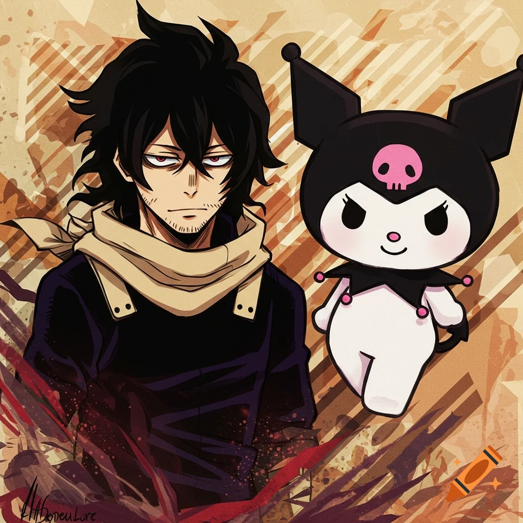 Aizawa from My Hero Academia standing next to Kuromi from Sanrio in an anime style illustration.