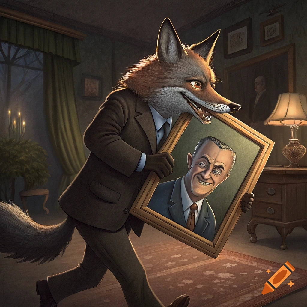 Anthropomorphic fox in a suit carries away a framed portrait of a man.