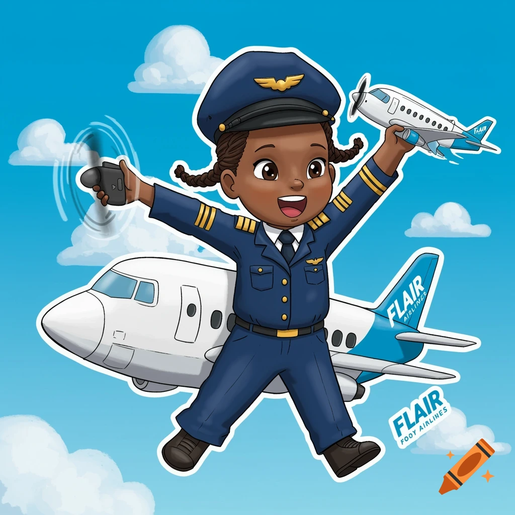 Cartoon child pilot flies with planes in a bright blue sky.