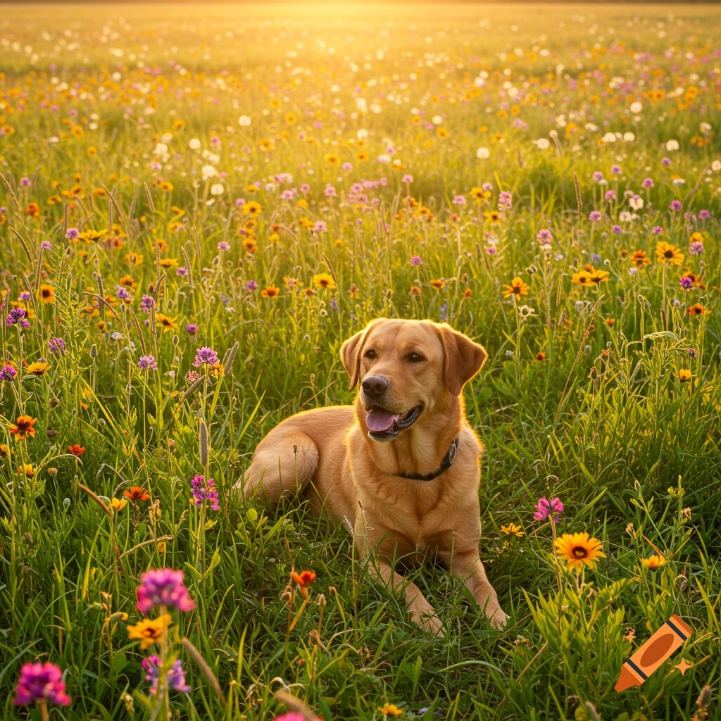 A red-yellow labrador dog lays in a sunlit meadow filled with wildflowers.