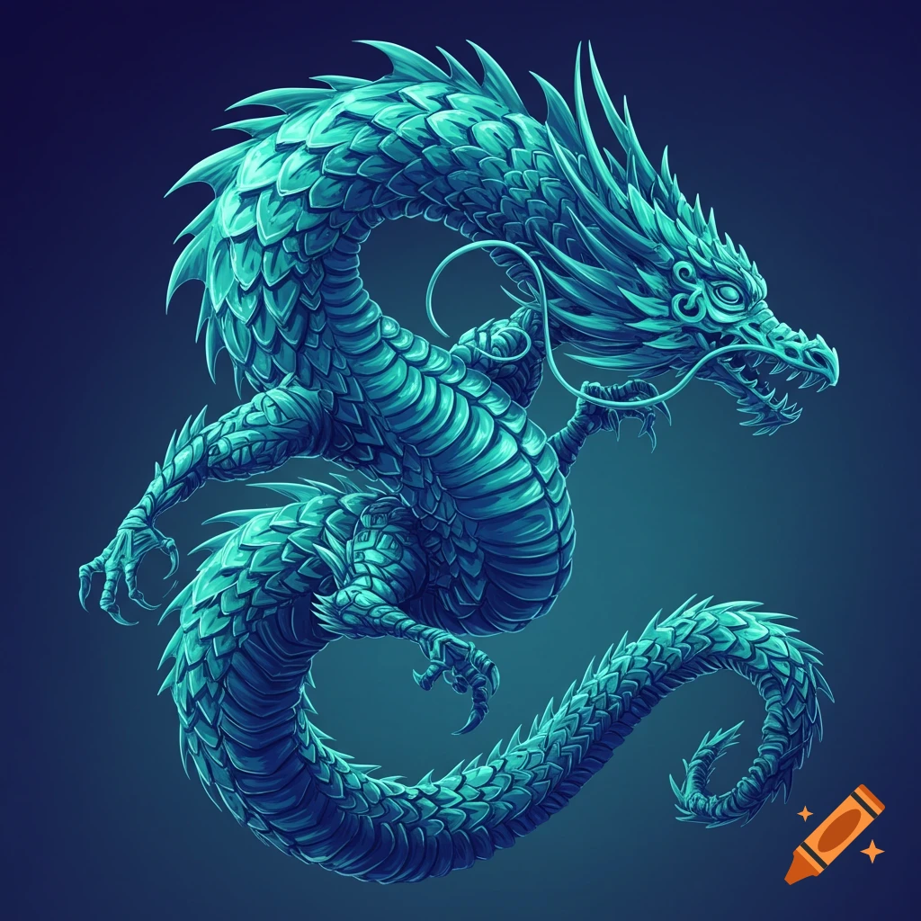 Stylized turquoise dragon on a dark background.