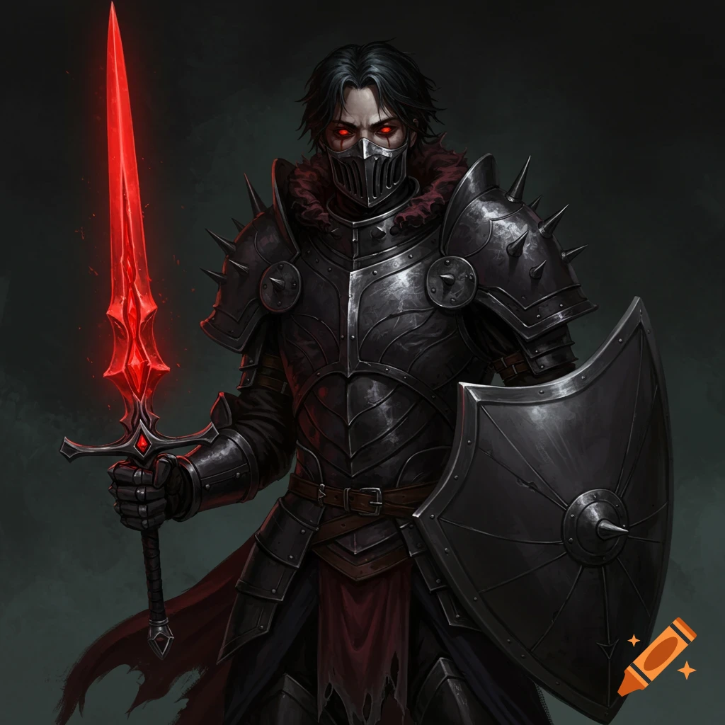 Dark fantasy warrior in spiked black armor holds a glowing red sword and shield.