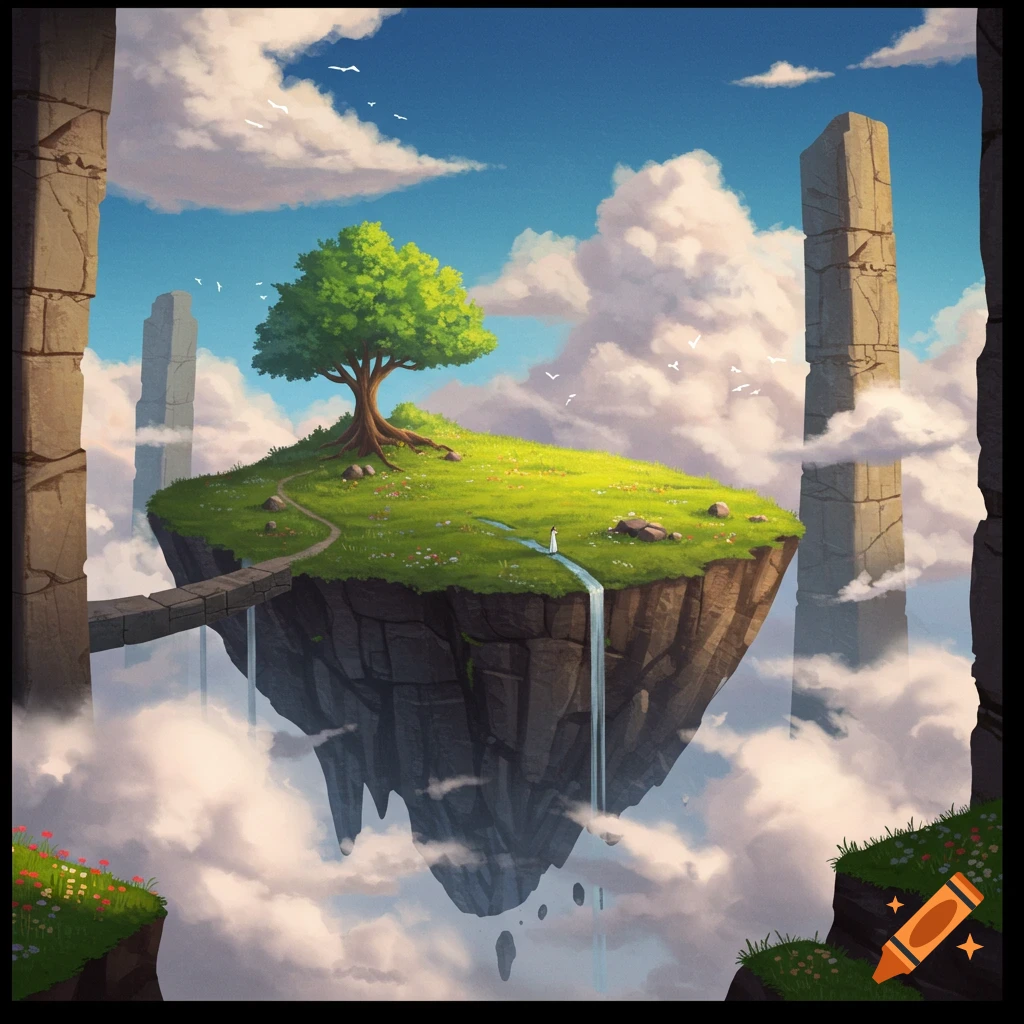 A floating island with a tree and waterfall, surrounded by clouds and stone pillars, in a fantasy style.