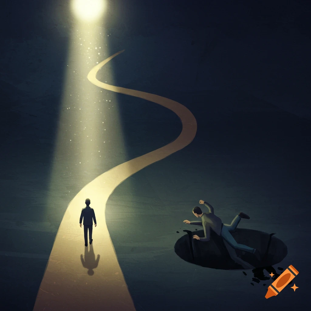 Illustration of a person walking a lit path while another falls into a dark pit.