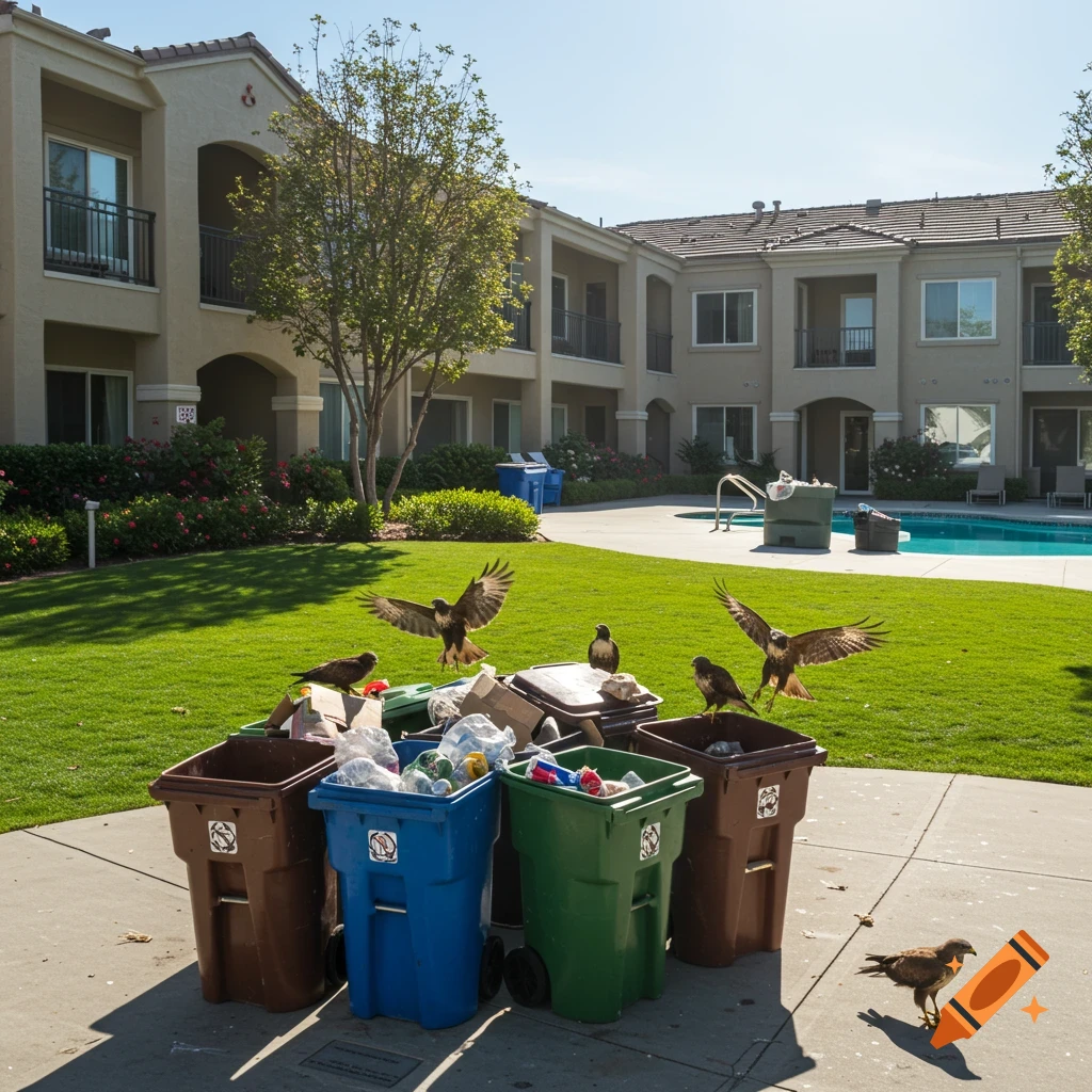 Hawks scavenge around colorful recycling bins at an apartment complex pool area.