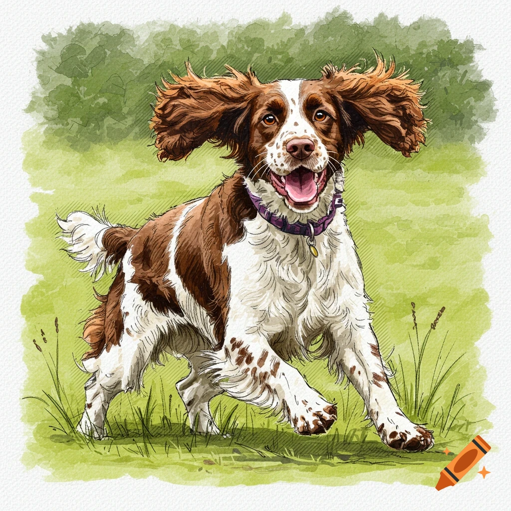 Watercolor sketch of a happy English Springer Spaniel running in a field.