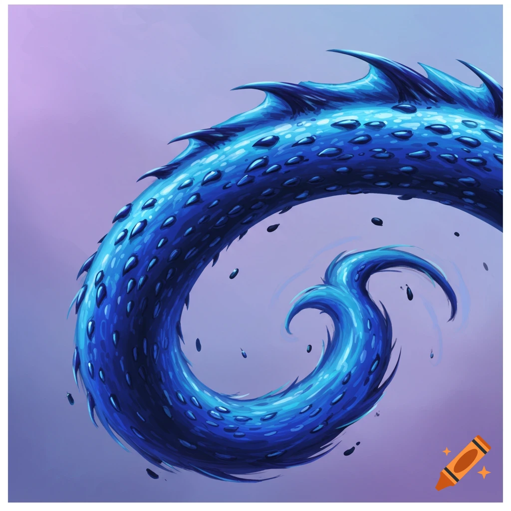Close-up illustration of a blue, scaly, spiked tail curling upwards against a purple background.