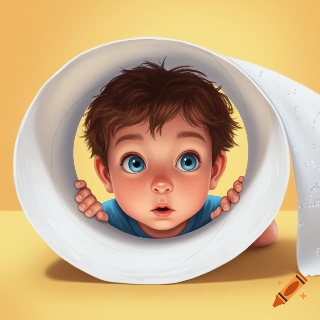 An illustration of a cute child looking through the end of a toilet paper roll