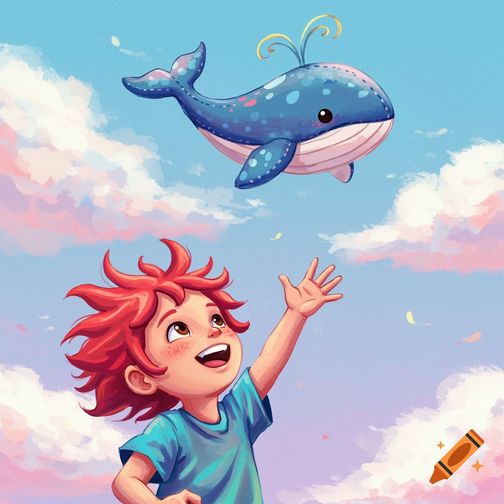 An illustration of a child reaching up towards a toy whale flying in a cloudy sky.