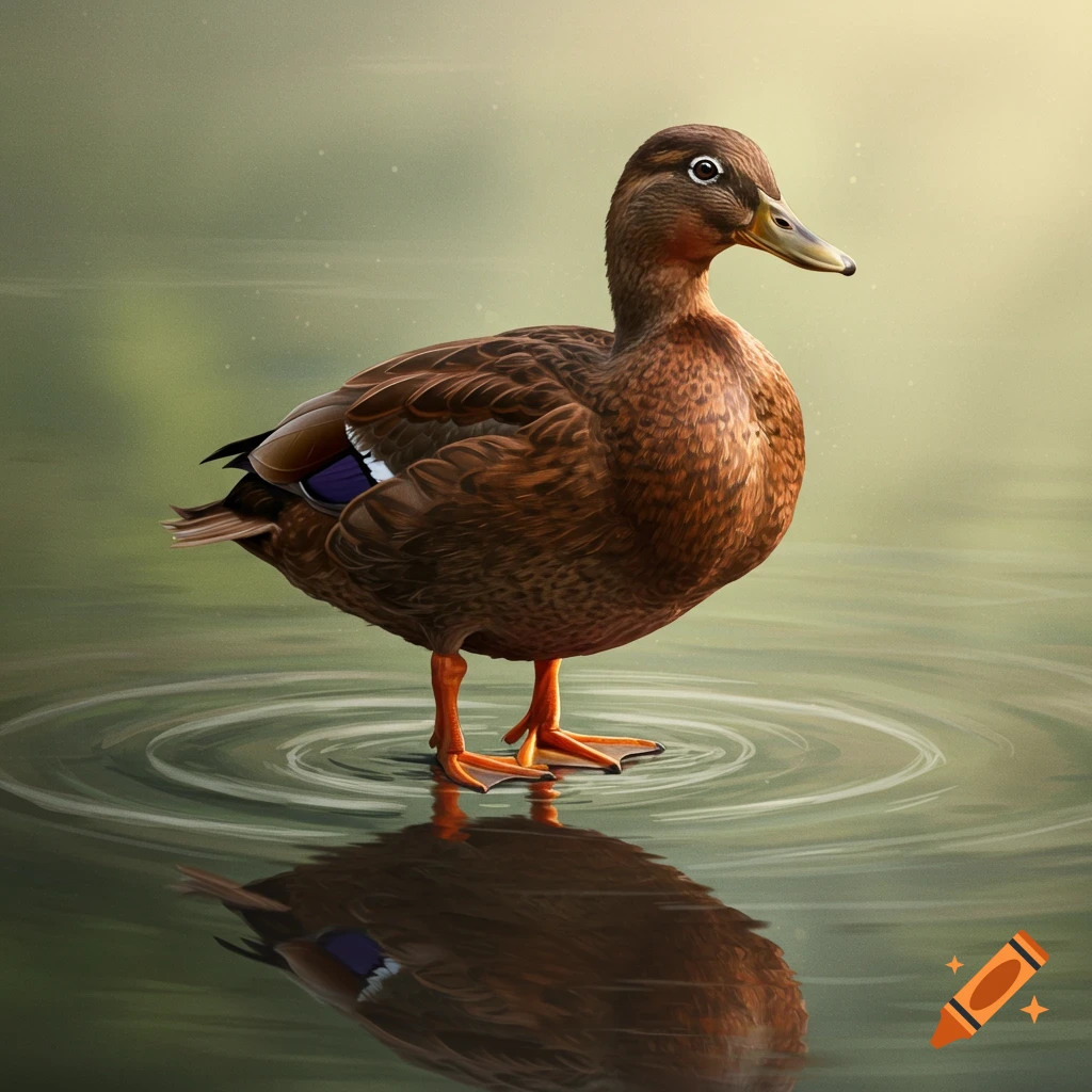 A realistic brown duck stands in shallow water with its reflection.