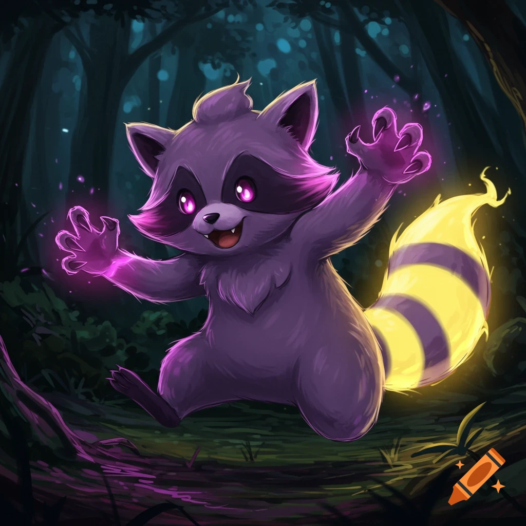 Cartoon purple raccoon with glowing paws and tail in a forest