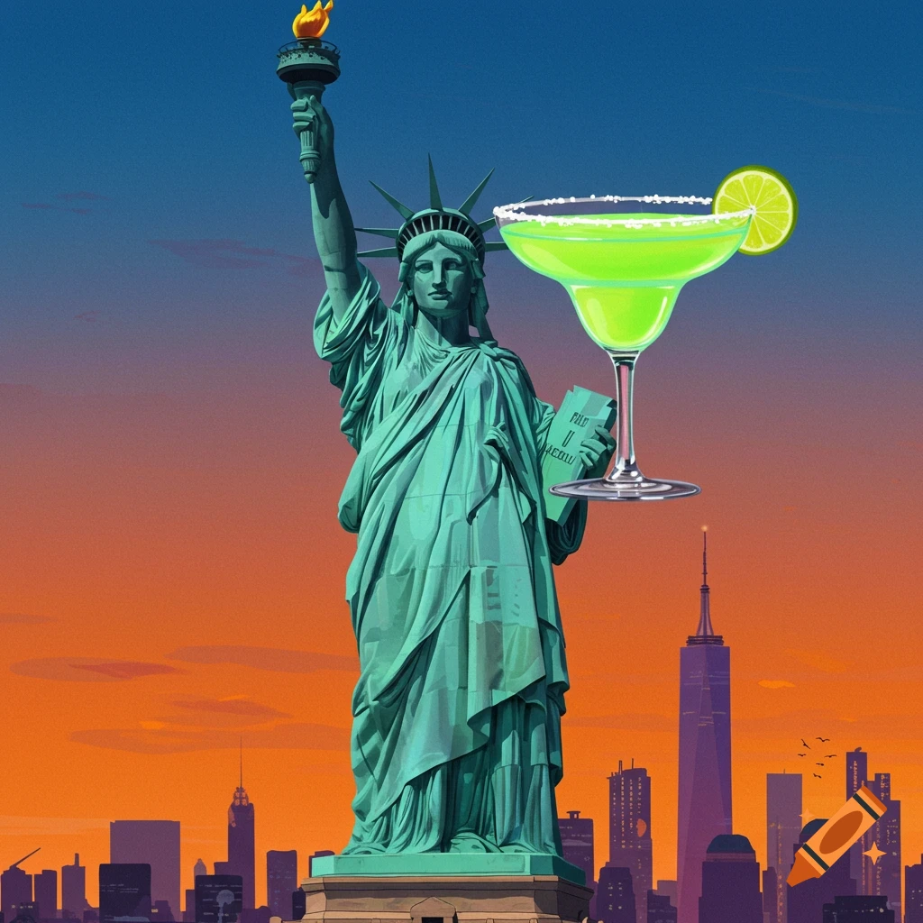 Statue of Liberty holds a large margarita glass with the New York City skyline behind her.
