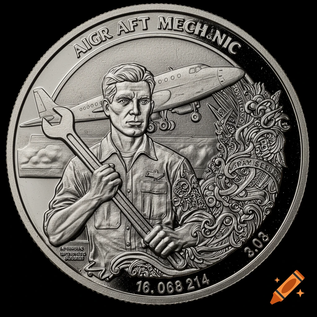 Detailed metallic coin design featuring an aircraft mechanic with a wrench, aircraft, and decorative elements.