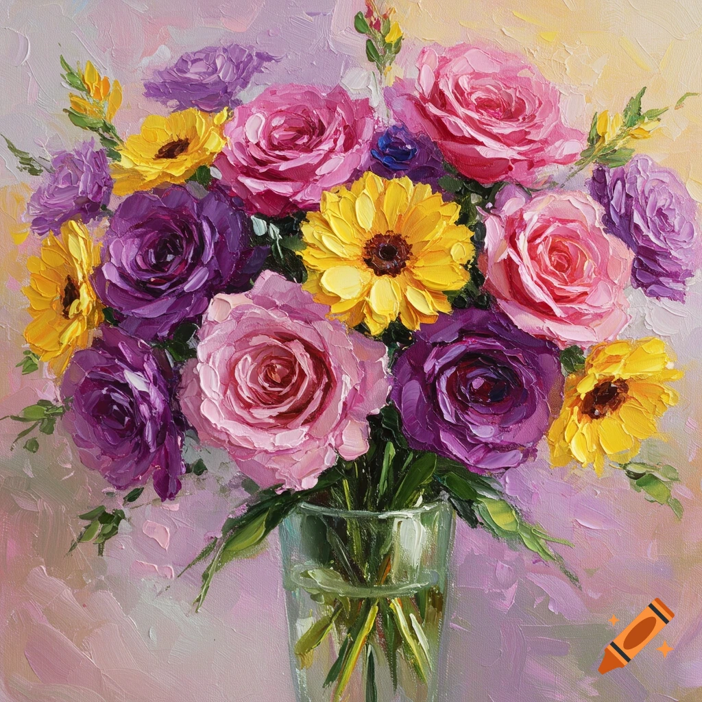 An impressionistic painting of a bouquet of pink, purple, and yellow flowers in a glass vase.