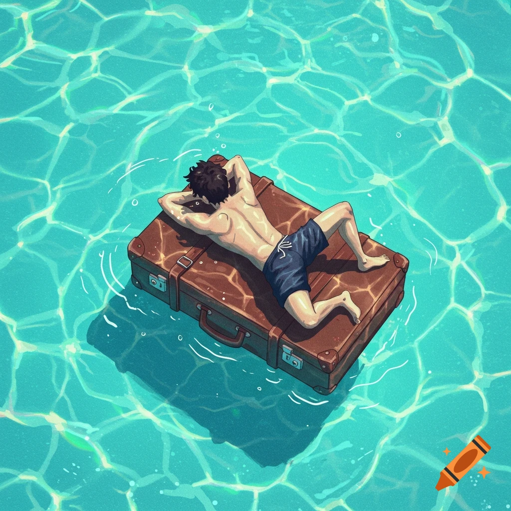 Illustration of a man floating on a suitcase in a swimming pool.