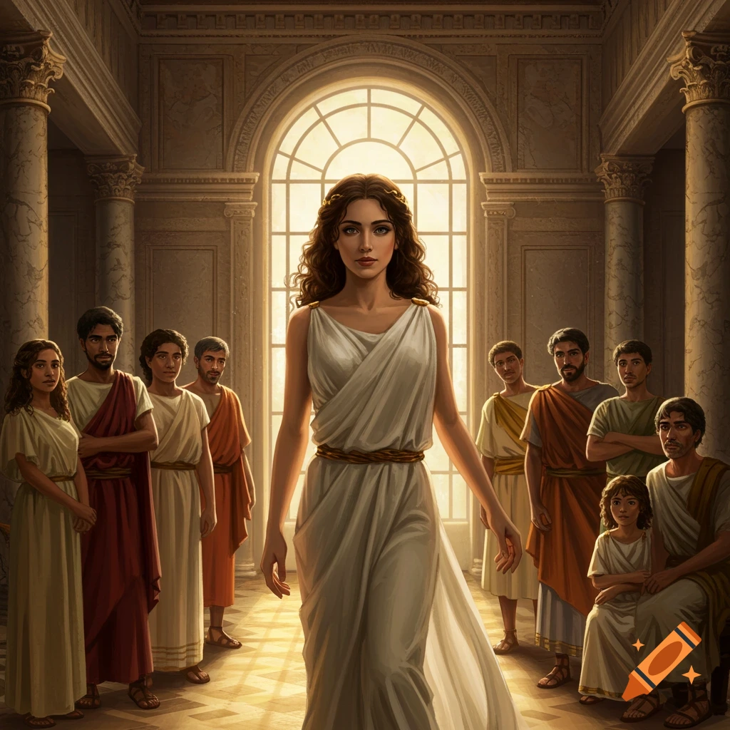 A woman in a white classical gown stands in a Roman hall, surrounded by people in togas