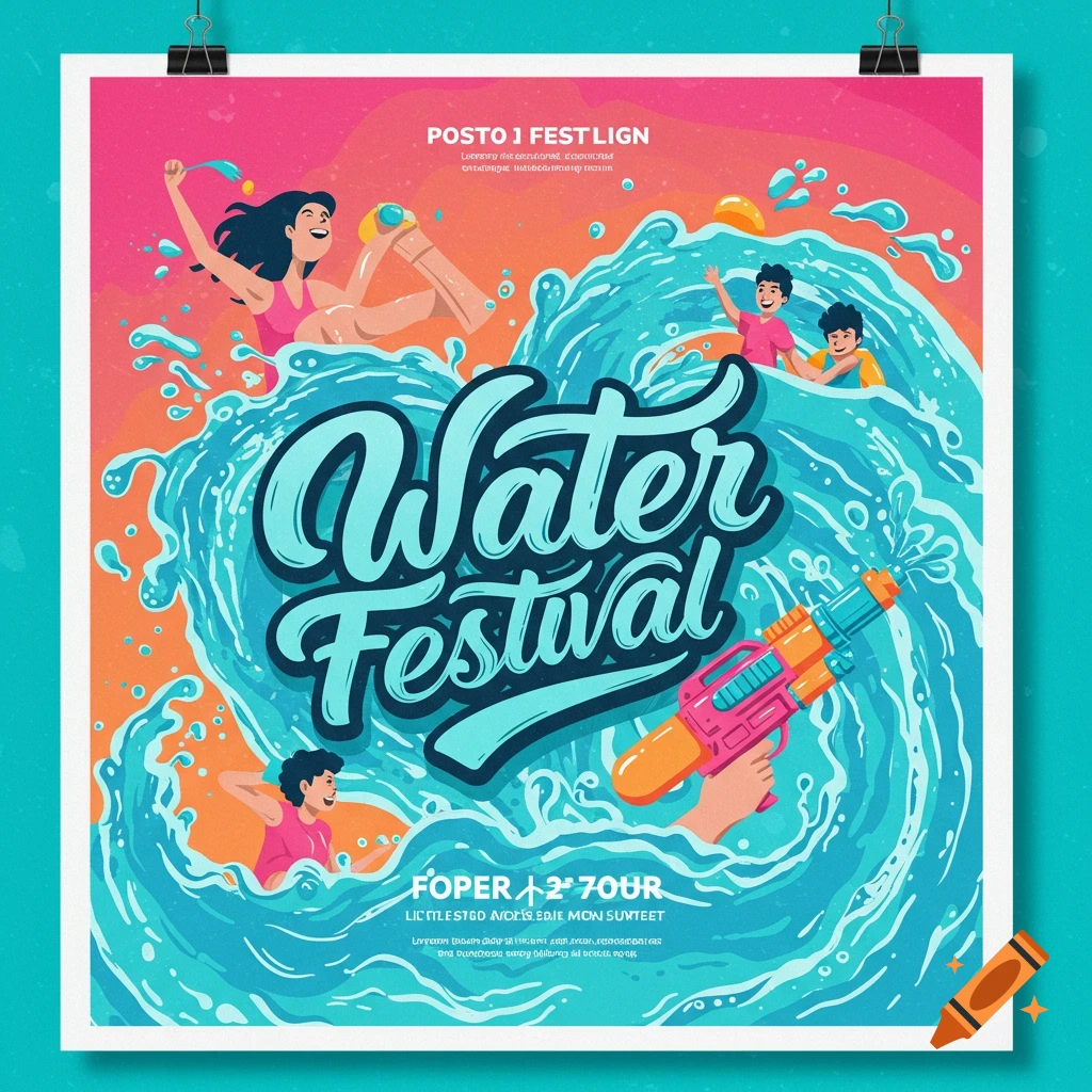 Cartoon style poster for a water festival showing people playing in water with a water gun and 'Water Festival' text.