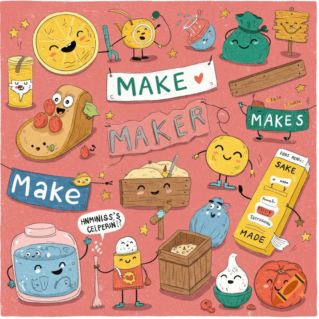 Whimsical illustration of personified objects and food holding banners with words like MAKE and MAKER.