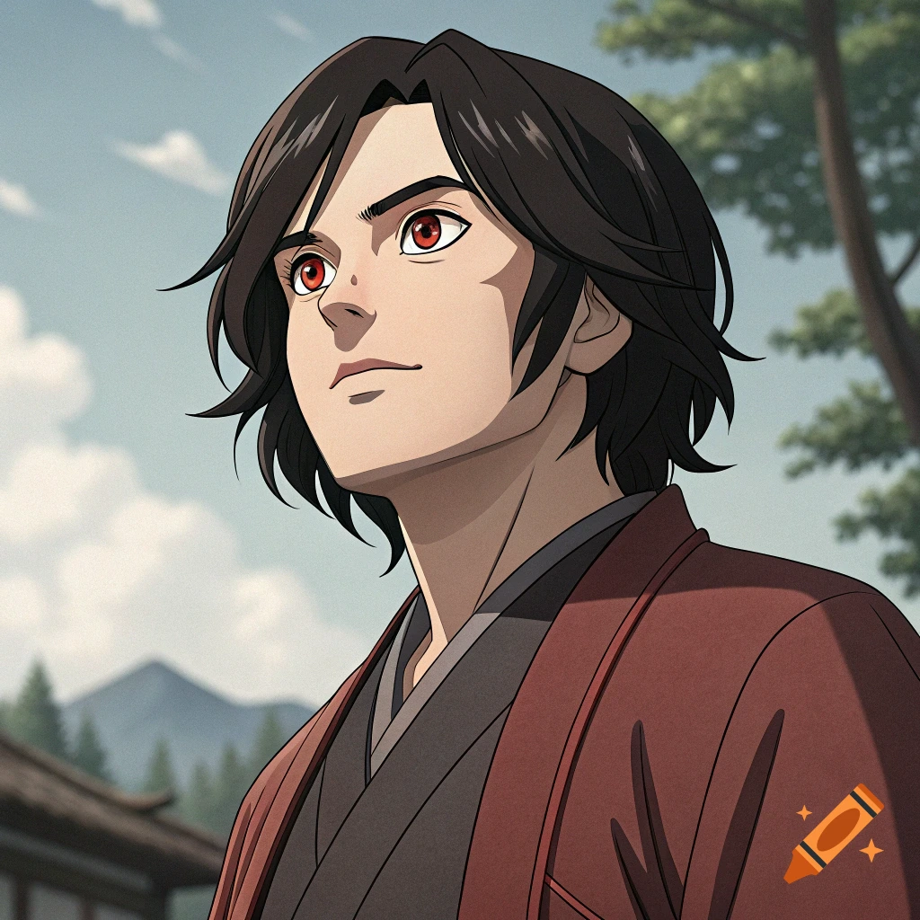 Anime portrait of a young man in traditional Japanese clothing looking up