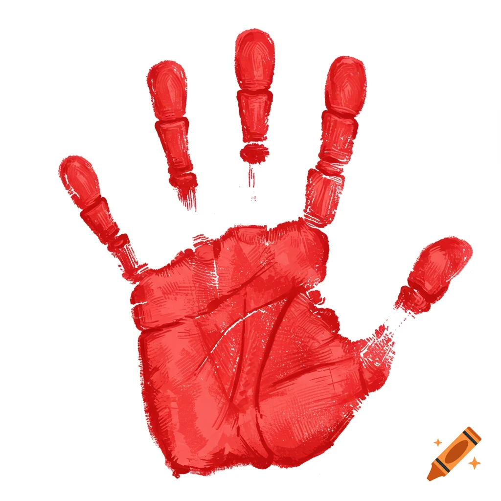 A red handprint illustration on a white background.