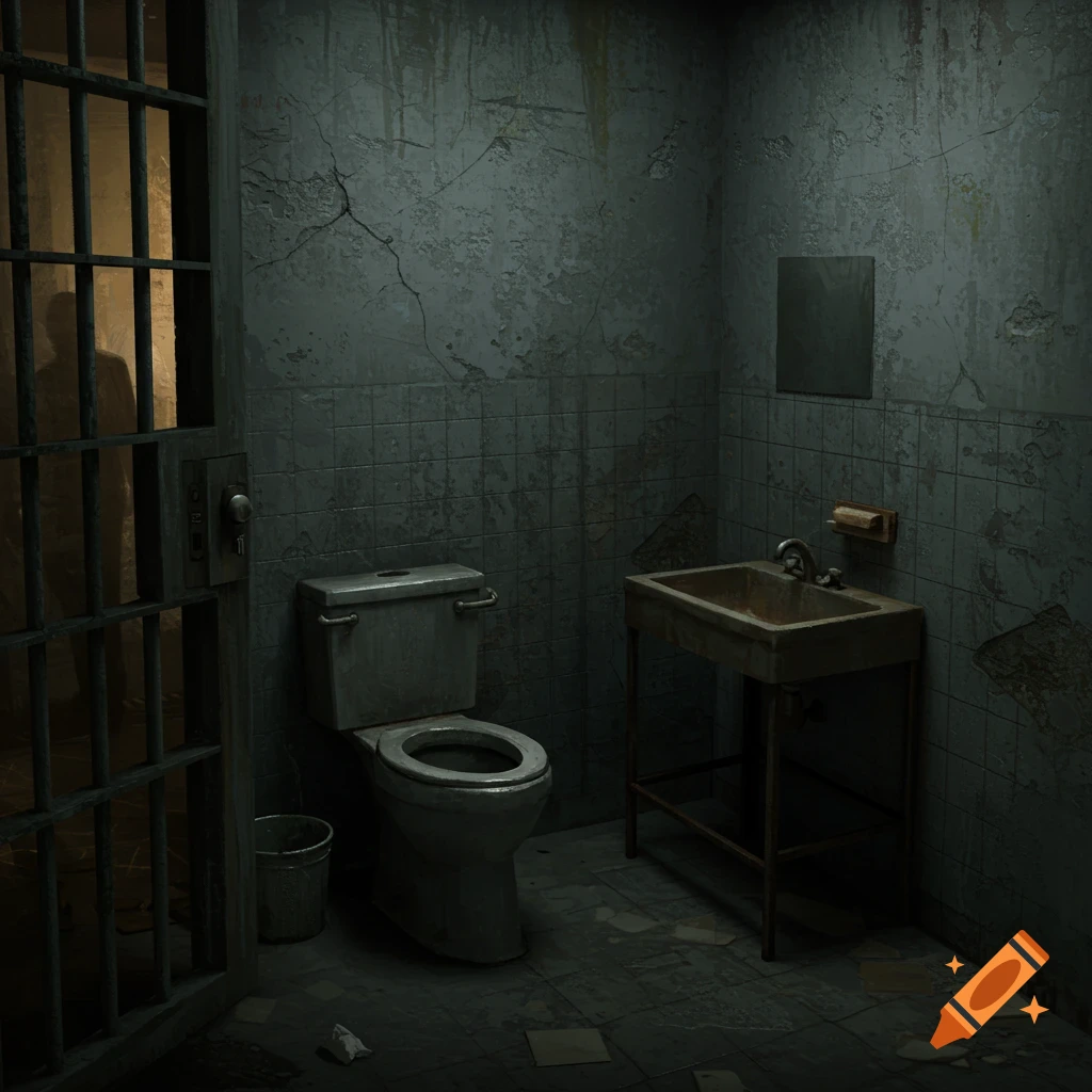 A dark, grungey jail cell bathroom with a toilet, sink, and bars. A silhouette stands outside the bars.