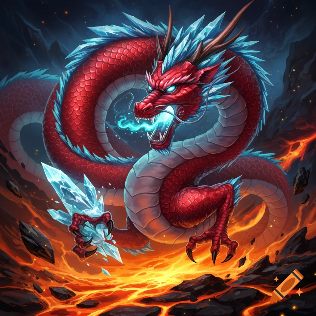A large red and white dragon with blue crystal spikes breathes blue energy, holding a crystal in its claw amidst lava and rocks. Digital art.