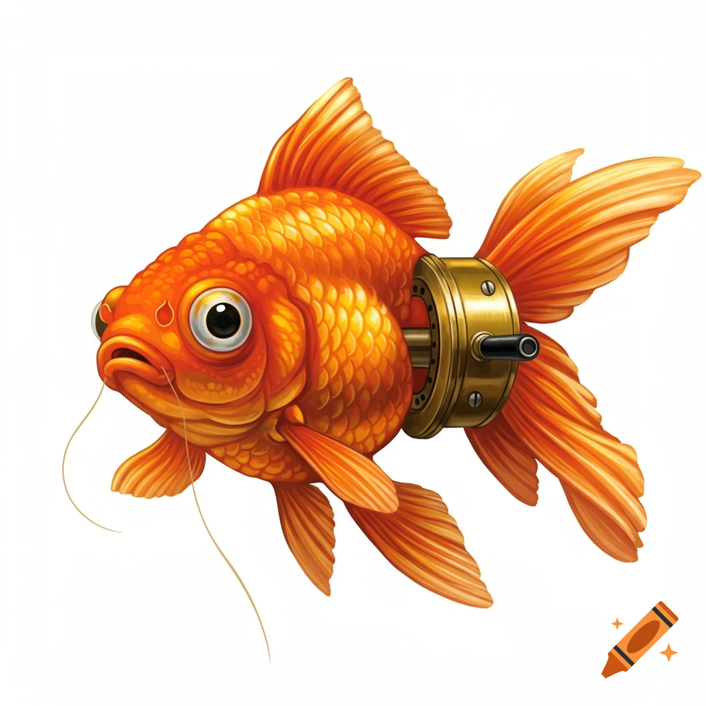 Illustration of an orange goldfish with a brass fishing reel instead of a tail fin.