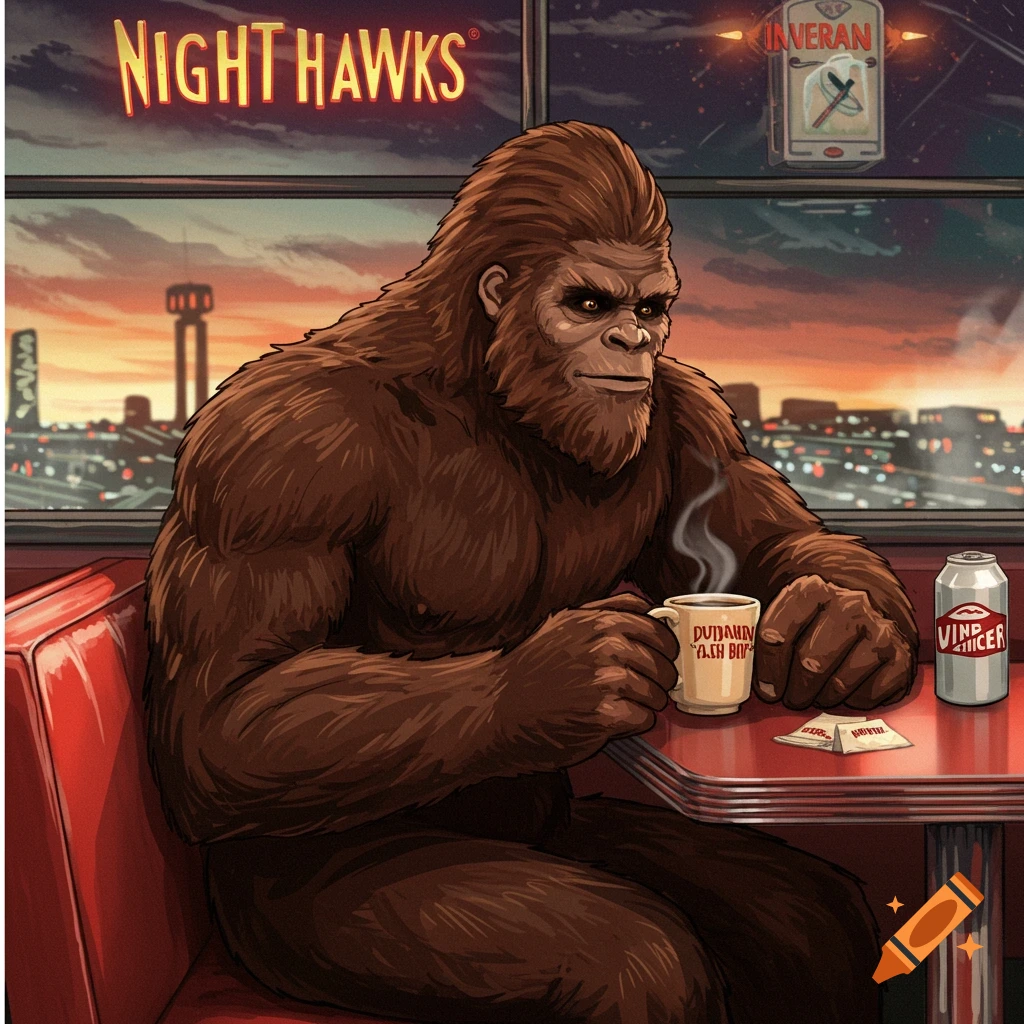 Illustration of Bigfoot sitting in a diner booth drinking coffee at night.