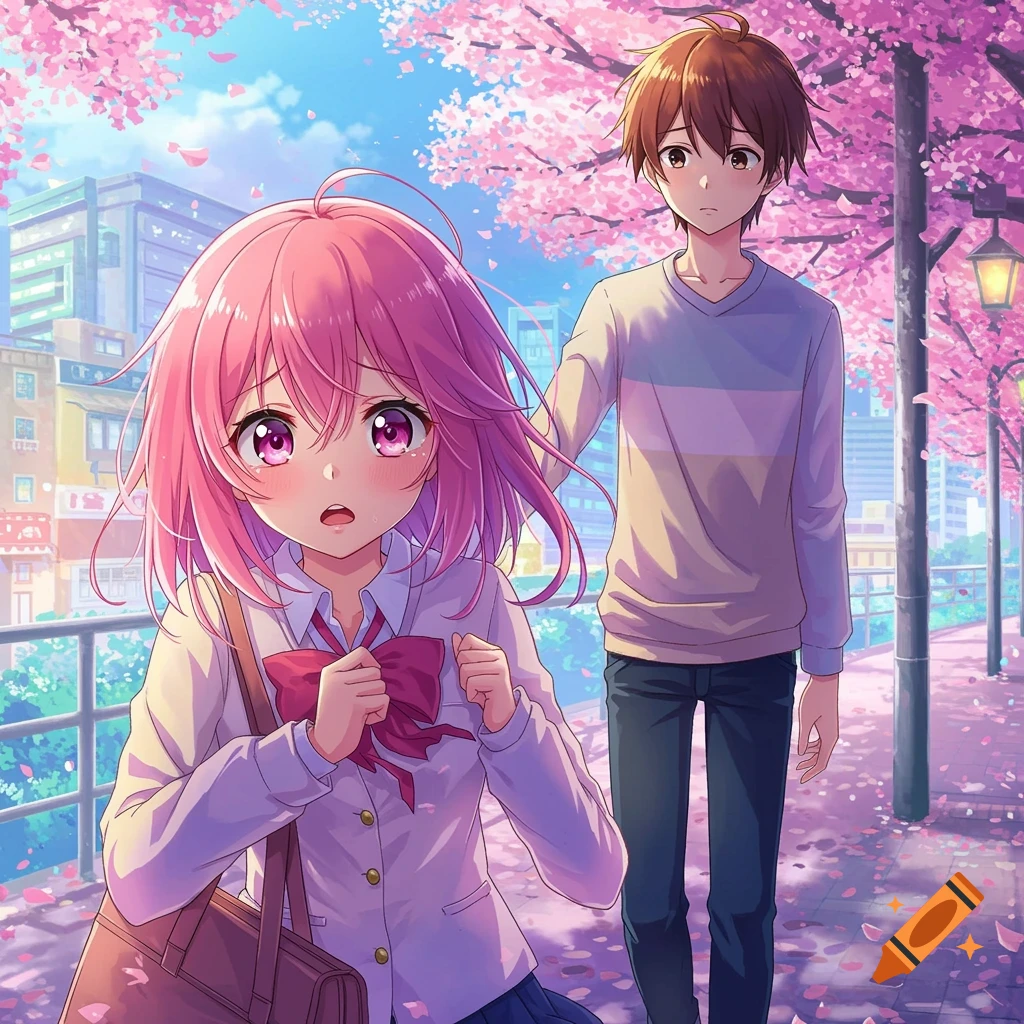 Anime couple walking under cherry blossoms on a street.